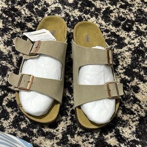 Birkenstock Two-Buckle Suede Slides in Olive Green